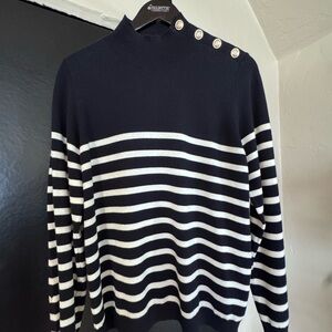 Sezane Navy & White Striped Button-Shoulder Turtleneck Sweater